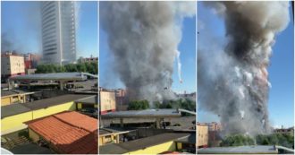 Copertina di Incendio a Milano, spuntano nuovi video: così in poco tempo il grattacielo diventa una torcia di fiamme con detriti incandescenti che volano
