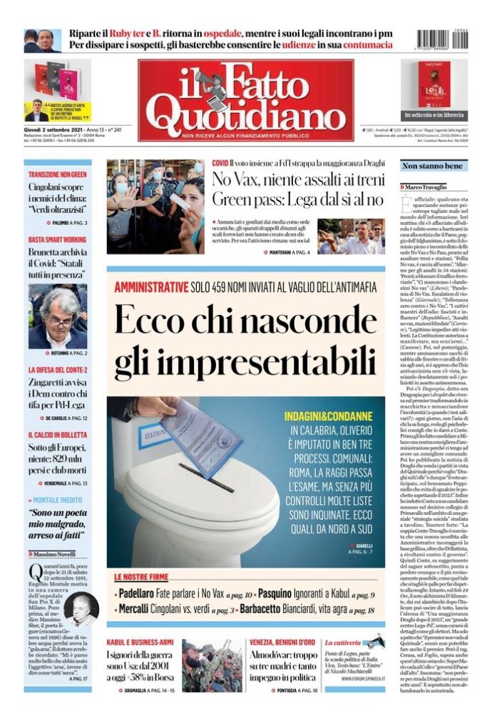 Copertina di giovedì 2 settembre 2021