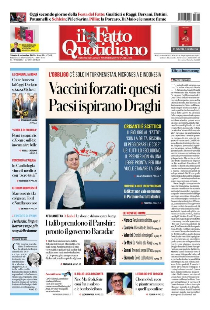 Copertina di sabato 4 settembre 2021