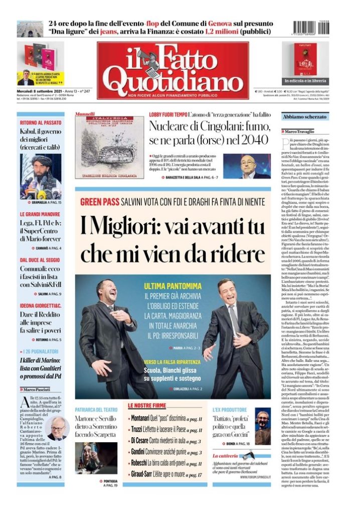 Copertina di mercoledì 8 settembre 2021