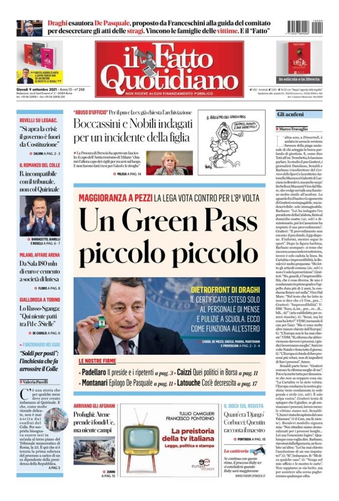 Copertina di giovedì 9 settembre 2021