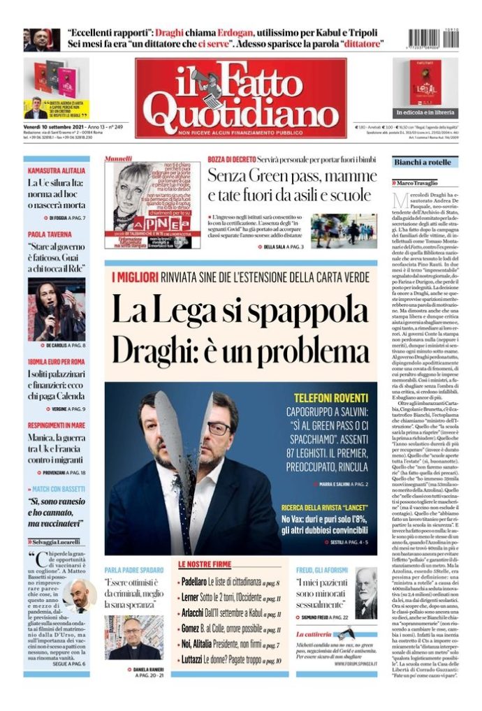 Copertina di venerdì 10 settembre 2021