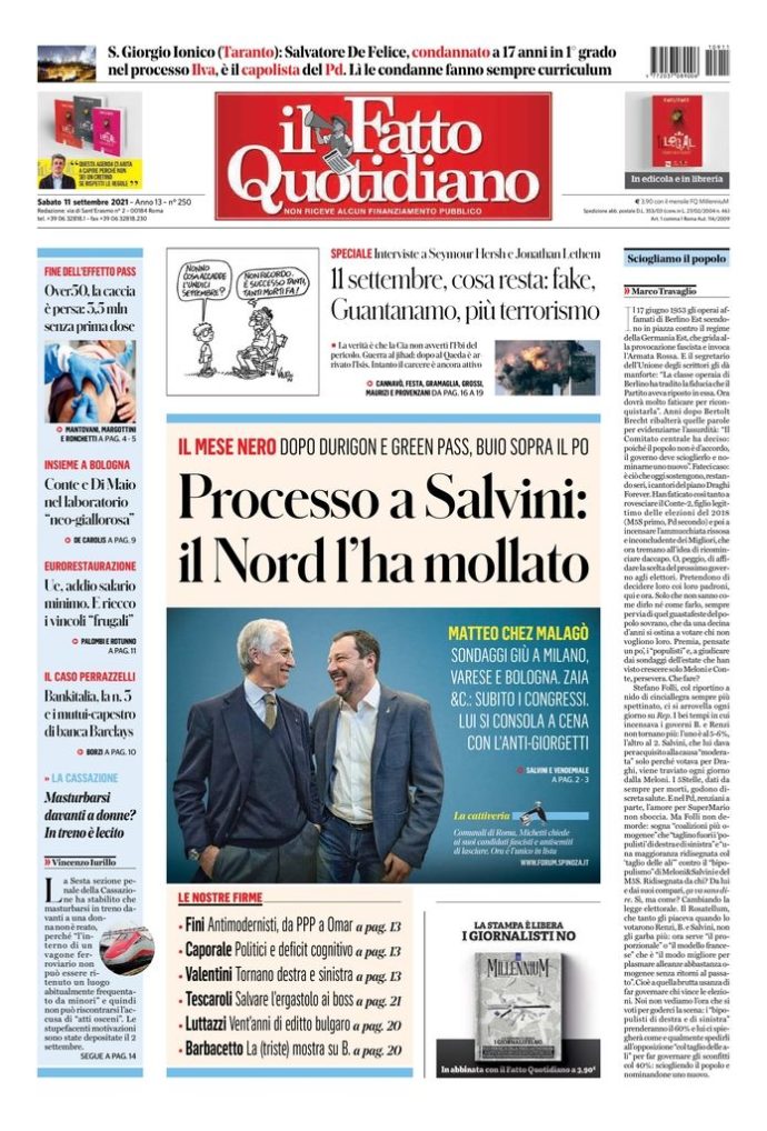 Copertina di sabato 11 settembre 2021