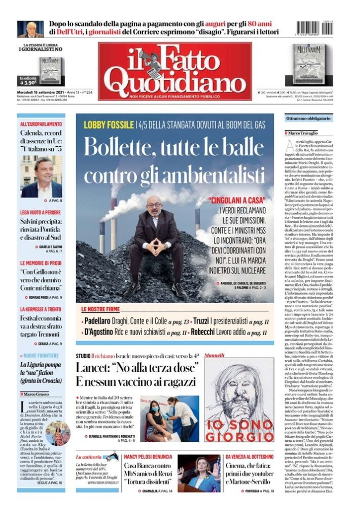 Copertina di mercoledì 15 settembre 2021