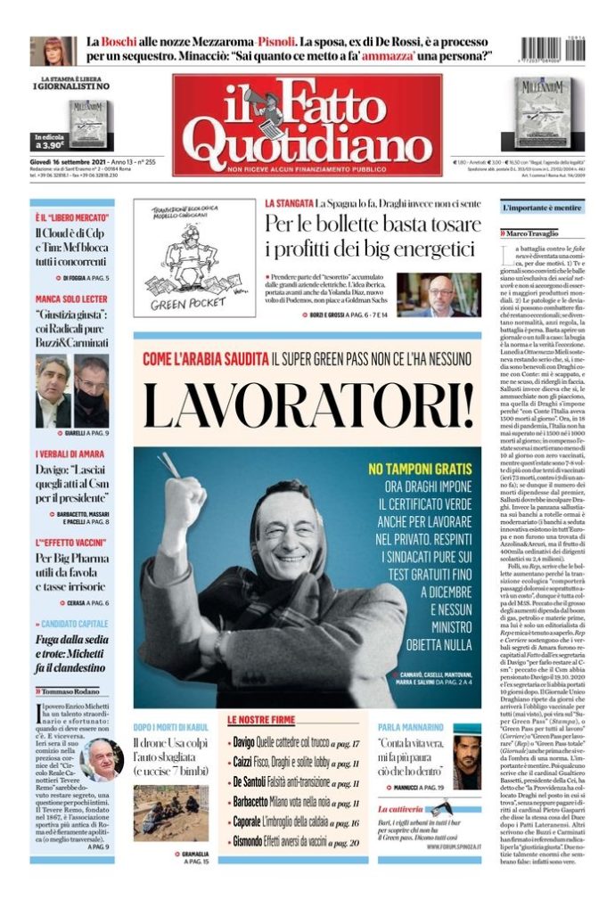 Copertina di giovedì 16 settembre 2021