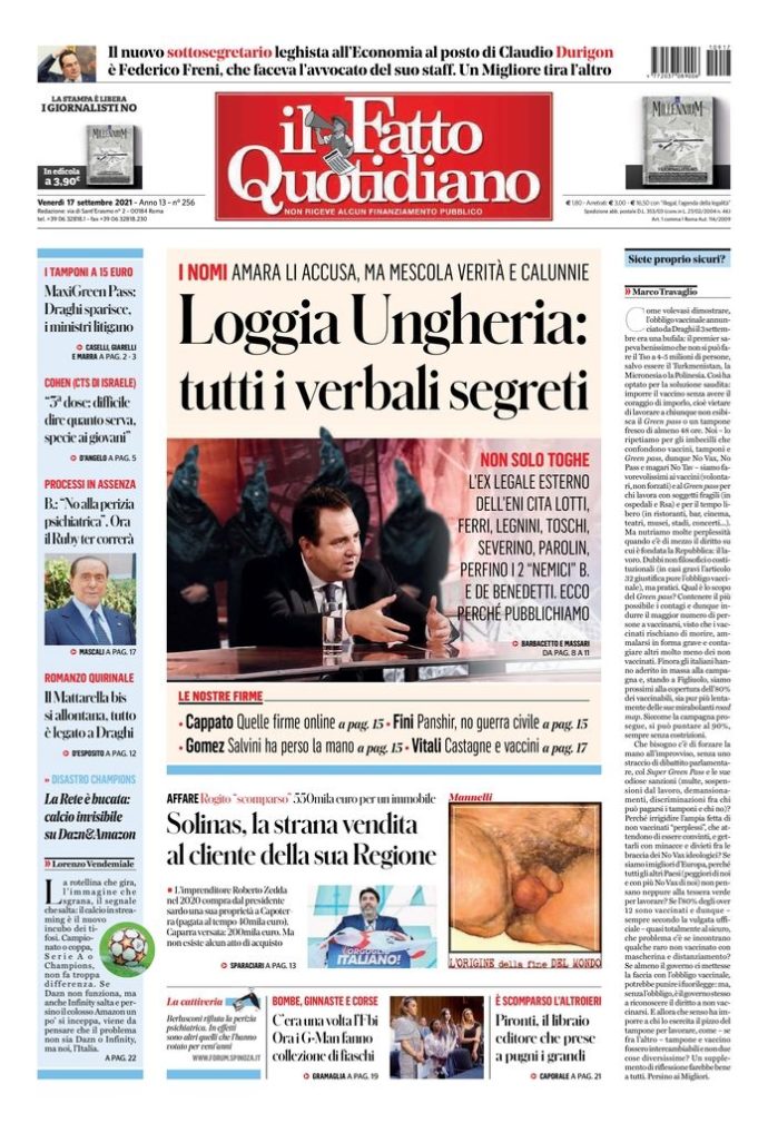 Copertina di venerdì 17 settembre 2021