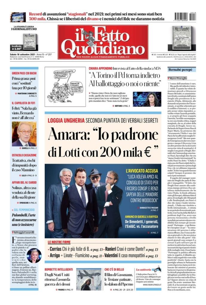 Copertina di sabato 18 settembre 2021