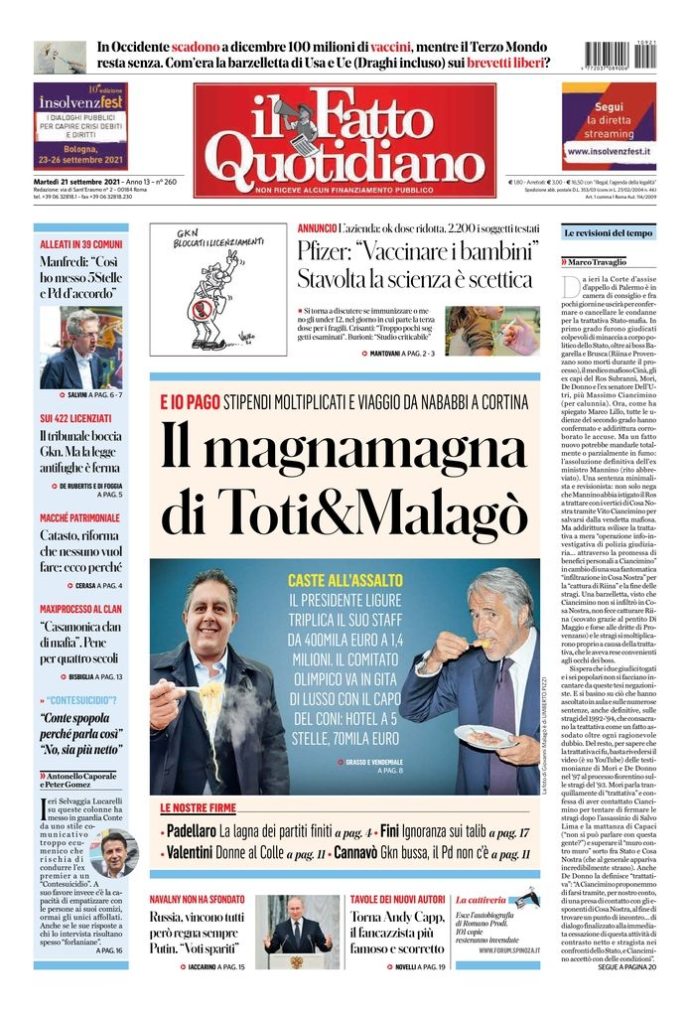 Copertina di martedì 21 settembre 2021