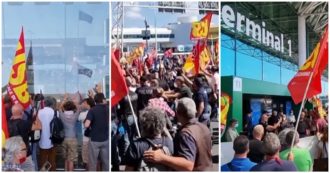 Copertina di Alitalia, momenti di tensione con la polizia al corteo di lavoratori di fronte all’aeroporto di Fiumicino – Video