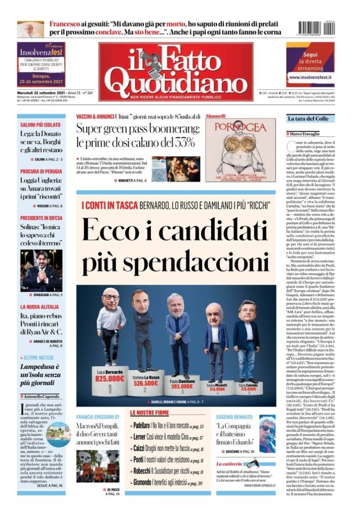 Copertina di mercoledì 22 settembre 2021