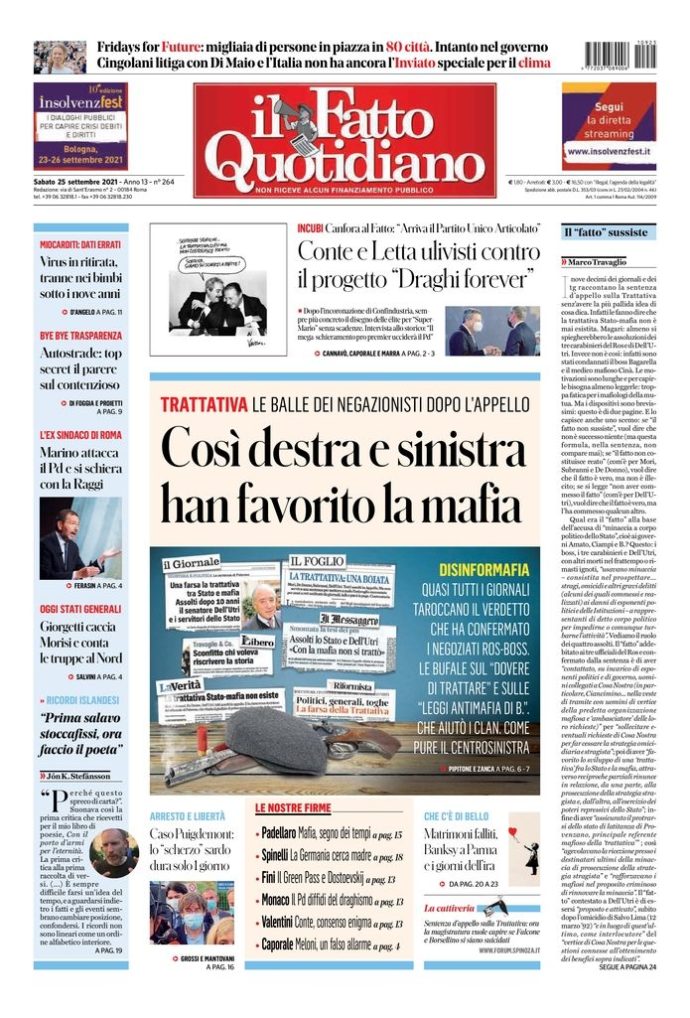 Copertina di sabato 25 settembre 2021