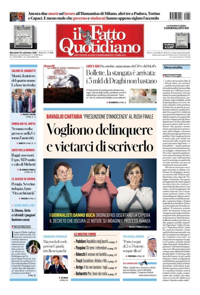 Copertina di mercoledì 29 settembre 2021