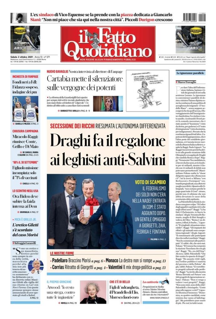 Copertina di sabato 2 ottobre 2021