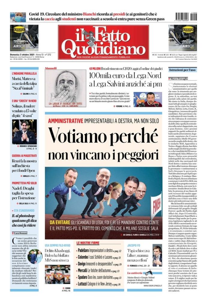 Copertina di domenica 3 ottobre 2021