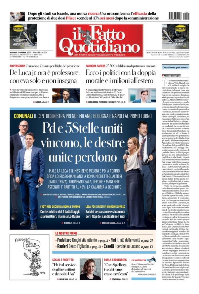 Copertina di martedì 5 ottobre 2021