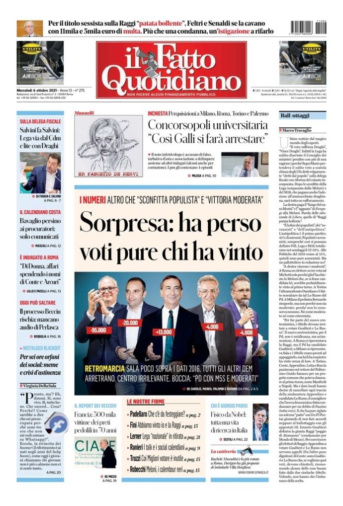 Copertina di mercoledì 6 ottobre 2021