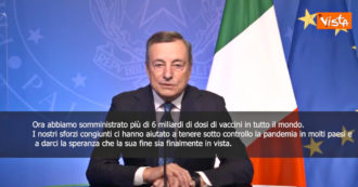 Copertina di Covid, Draghi: “Somministrati più di 6 miliardi di dosi in tutto il mondo. Fine della pandemia è finalmente in vista”