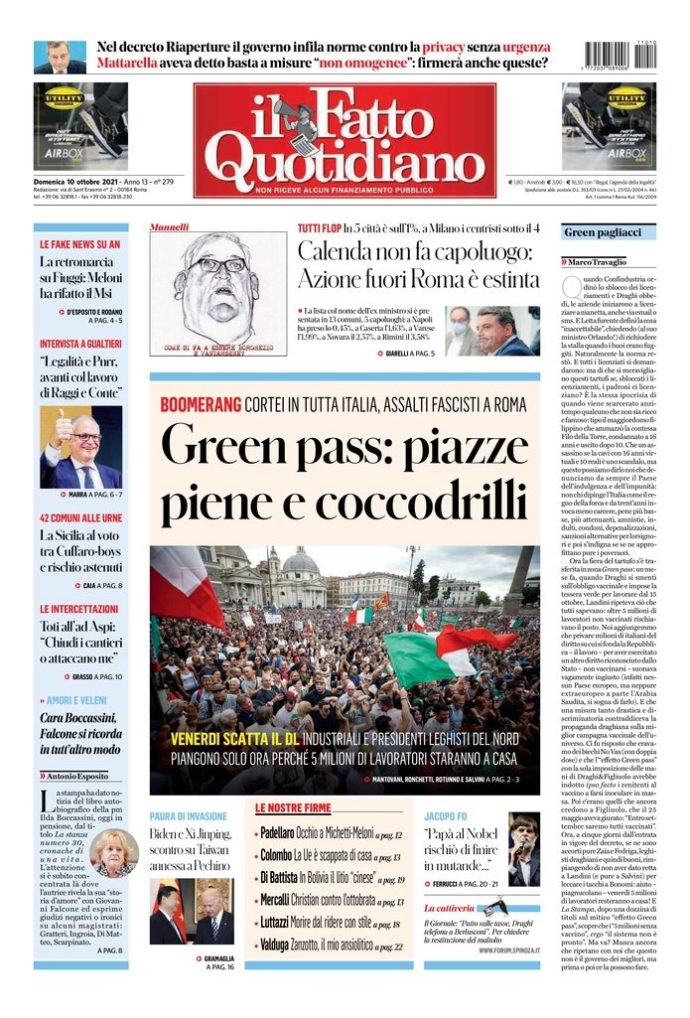 Copertina de Il Fatto Quotidiano di Dom 10 Ottobre 2021