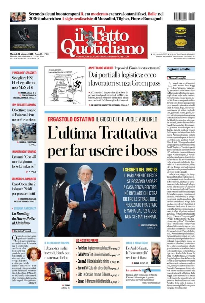 Copertina di martedì 12 ottobre 2021