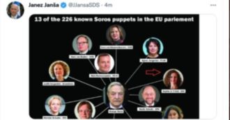 Copertina di Premier Slovenia pubblica immagine con 13 eurodeputati “burattini di Soros”, uno è morto. “È presidente del Consiglio Ue, chieda scusa”