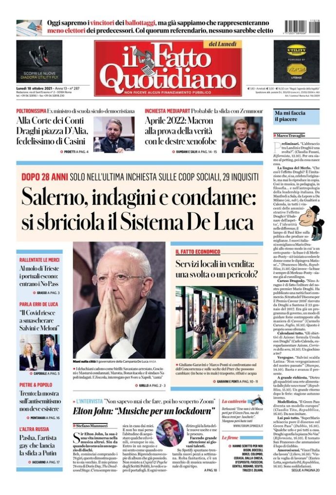 Copertina di lunedì 18 ottobre 2021