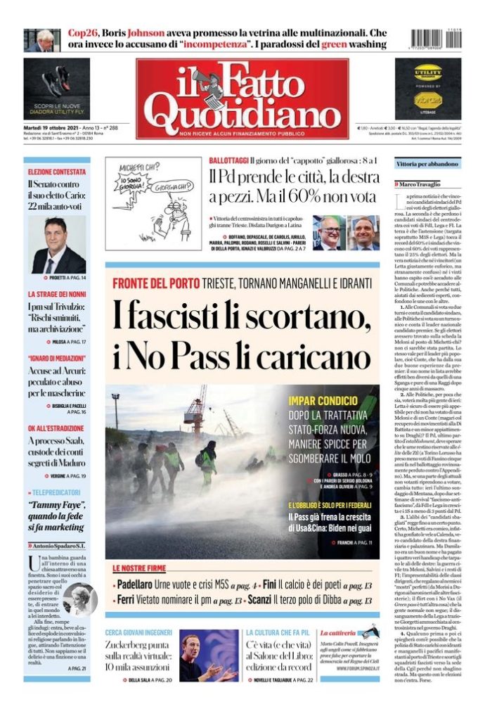 Copertina di martedì 19 ottobre 2021