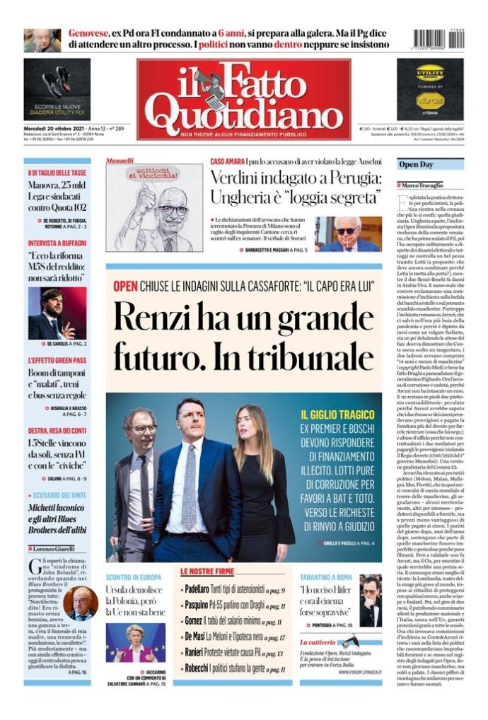 Copertina di mercoledì 20 ottobre 2021