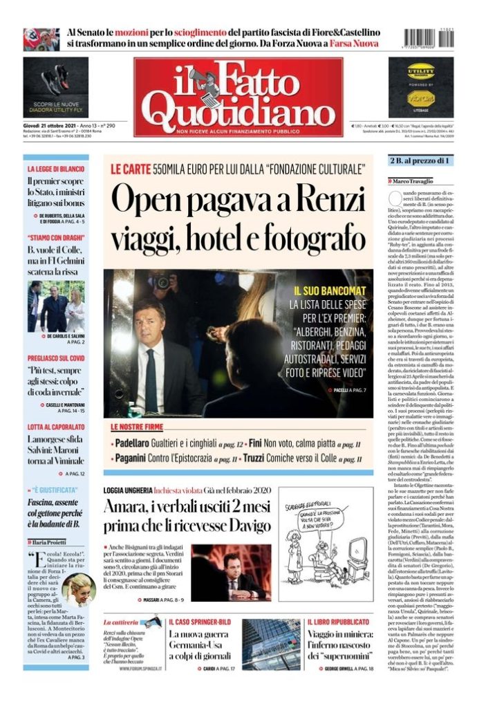 Copertina di giovedì 21 ottobre 2021