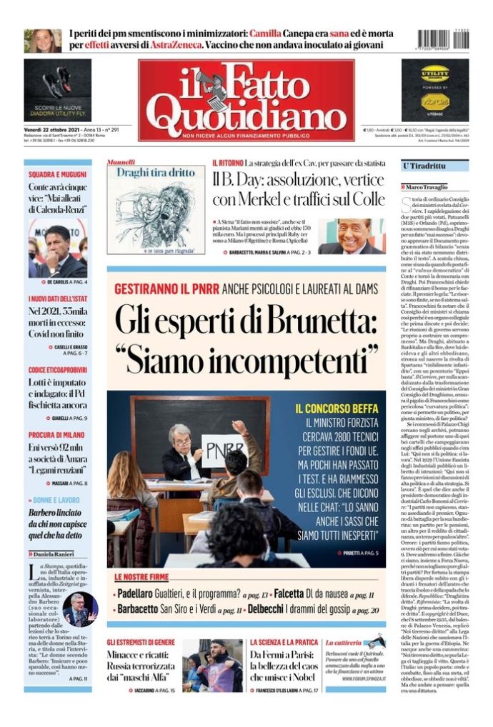 Copertina di venerdì 22 ottobre 2021