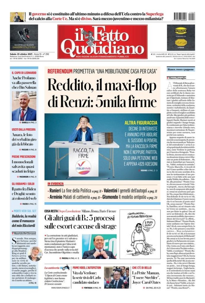 Copertina di sabato 23 ottobre 2021