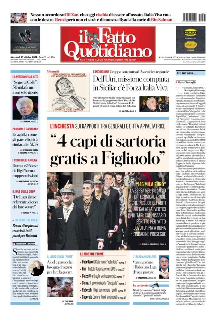 Copertina di mercoledì 27 ottobre 2021