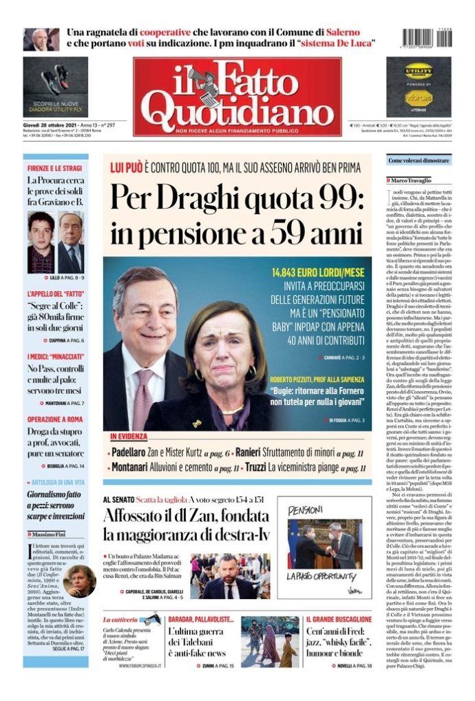 Copertina di giovedì 28 ottobre 2021