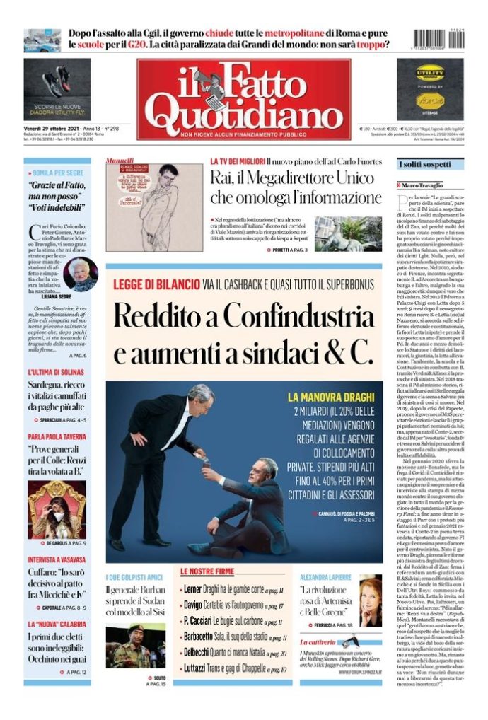 Copertina di venerdì 29 ottobre 2021