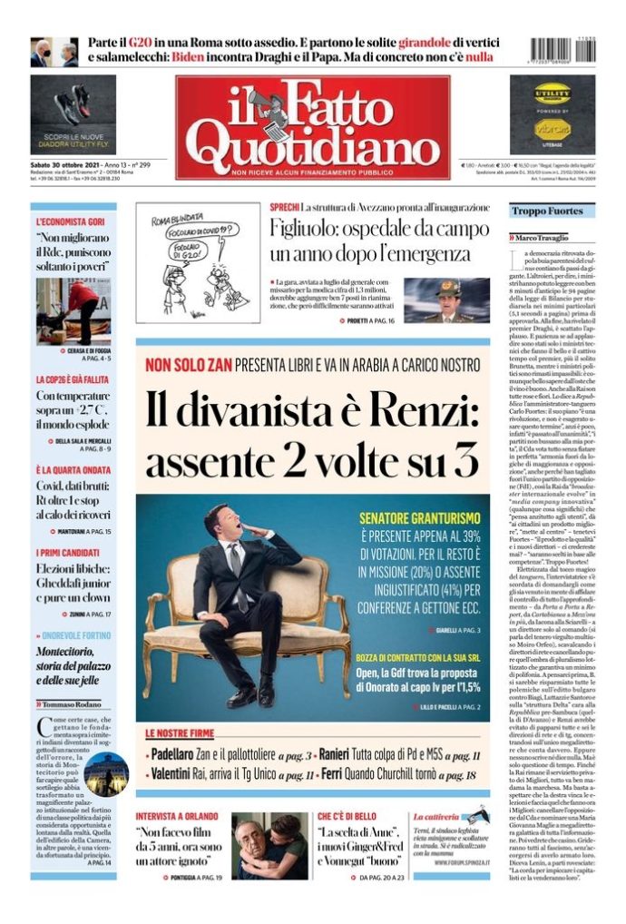 Copertina di sabato 30 ottobre 2021