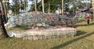 Copertina di Il mare di rifiuti si trasforma in una balena di bottiglie di plastica: la scultura in Camerun contro l’inquinamento