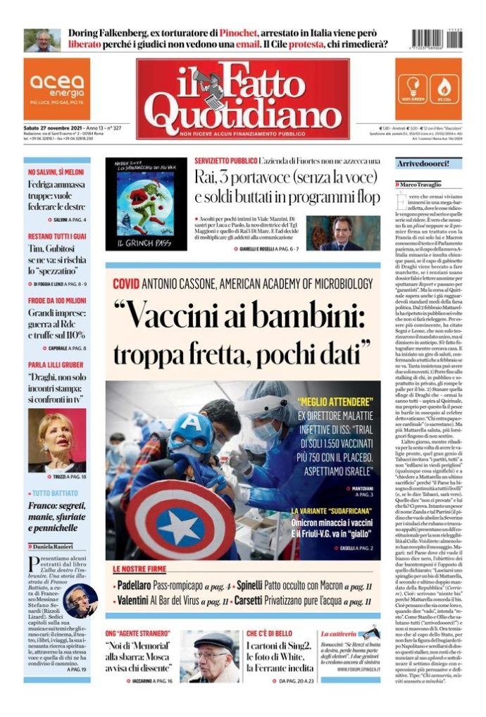 Copertina di sabato 27 novembre 2021