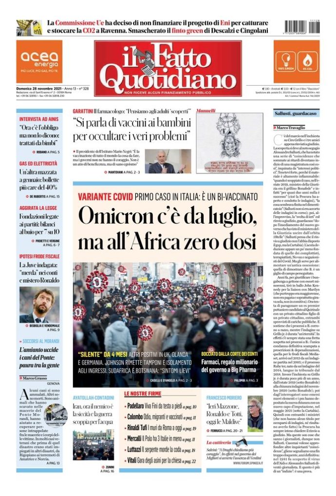 Copertina di domenica 28 novembre 2021