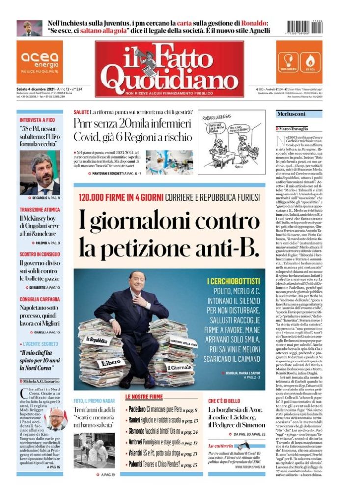 Copertina di sabato 4 dicembre 2021