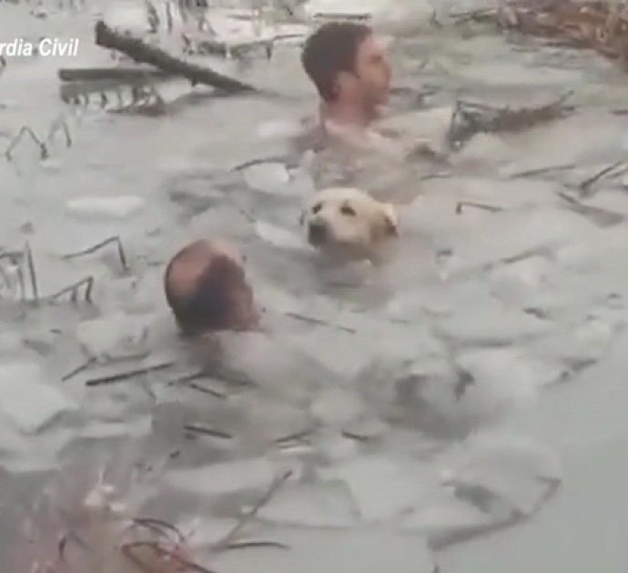 Cane cade in un lago ghiacciato: così due agenti si tuffano per salvarlo – Video