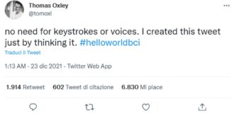 Copertina di “Ciao, mondo! Piccolo tweet. Progresso monumentale”, il primo tweet di un malato di Sla con il pensiero