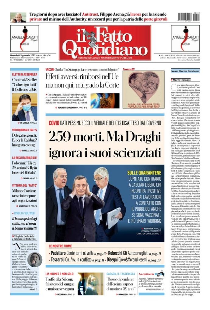 Copertina di mercoledì 5 gennaio 2022