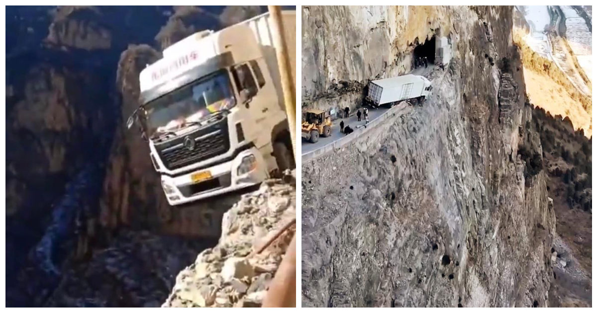 Tir rimane appeso sull’orlo di un precipizio a 100 metri d’altezza: tutta colpa del navigatore