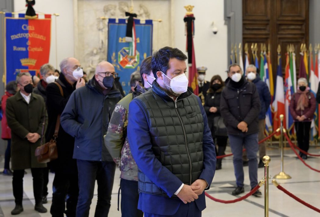 Federal Secretary of Italy’s Lega Nord party, Matteo Salvini   pay tribute to the family of  President of the European Parliament, David Sassoli burning chamber in Campidoglio, Rome, Italy, 13 January 2022. Late David Sassoli will lie in state at the Rome city hall ahead of the state funeral on 14 January. European Parliament President David Sassoli has died at the age of 65 early morning on 11 January in Aviano, Italy where he was hospitalized, his spokesman announced.
ANSA/Claudio Peri