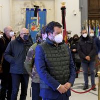 Federal Secretary of Italy’s Lega Nord party, Matteo Salvini   pay tribute to the family of  President of the European Parliament, David Sassoli burning chamber in Campidoglio, Rome, Italy, 13 January 2022. Late David Sassoli will lie in state at the Rome city hall ahead of the state funeral on 14 January. European Parliament President David Sassoli has died at the age of 65 early morning on 11 January in Aviano, Italy where he was hospitalized, his spokesman announced.
ANSA/Claudio Peri
