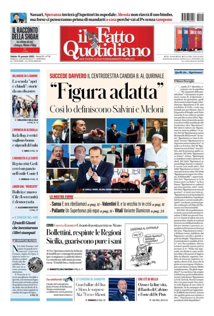 Copertina di sabato 15 gennaio 2022