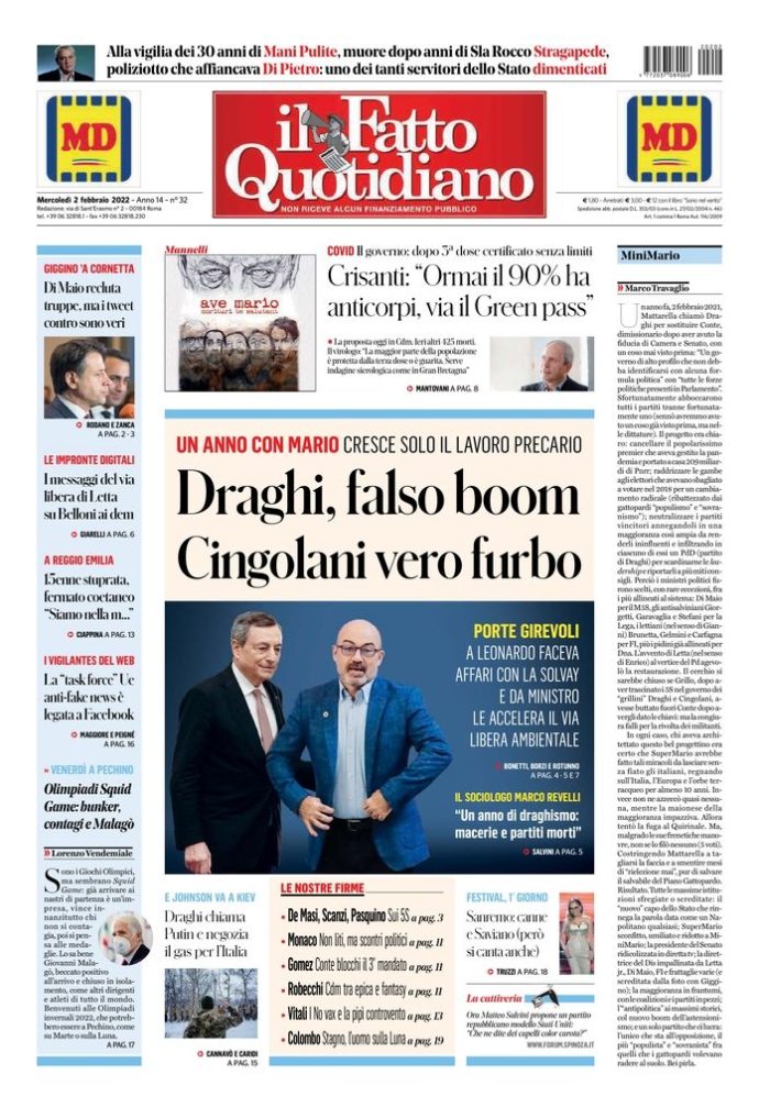 Copertina de Il Fatto Quotidiano di Mer 2 Febbraio 2022