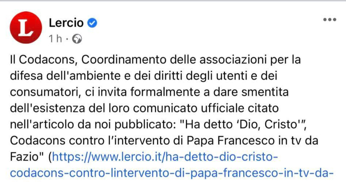 Codacons chiede a Lercio di smentire un articolo con un loro attacco a Papa Francesco: “Vi riveliamo una cosa. Tutte le notizie che pubblichiamo sono false”