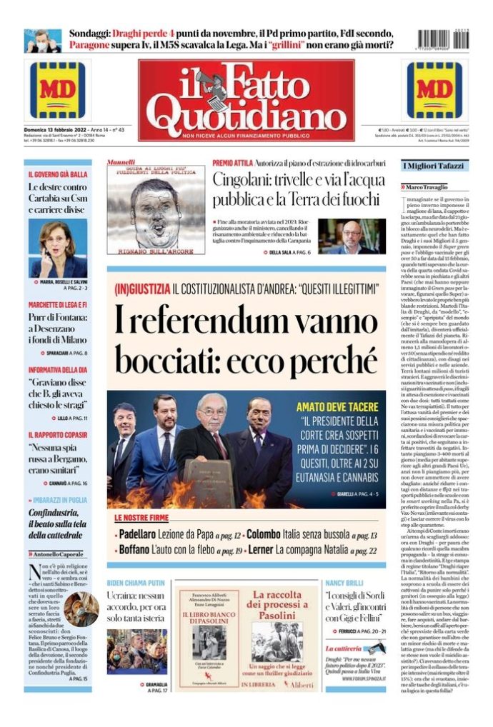 Copertina di domenica 13 febbraio 2022