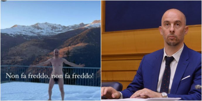 La performance dell’onorevole di Fratelli d’Italia: semi-nudo sulla neve