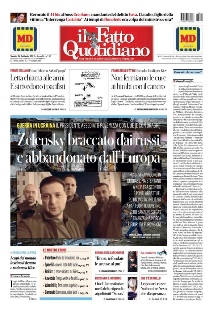 Copertina di sabato 26 febbraio 2022